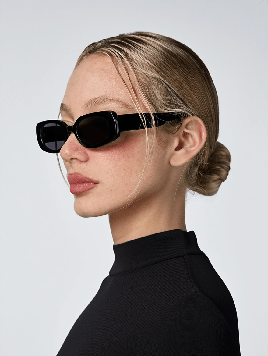 Women’s Slim Rectangular 90s-Inspired Sunglasses with Black Frame & Smoke Grey Lenses