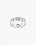 Silver braided ring on white background, showcasing elegant woven design. Perfect for jewelry enthusiasts seeking stylish, modern accessories.