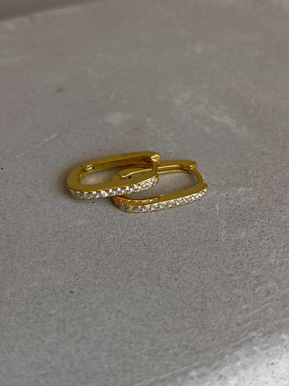 Gold Rectangular Hoop Earrings with Cubic Zirconia – Dainty Huggie Style