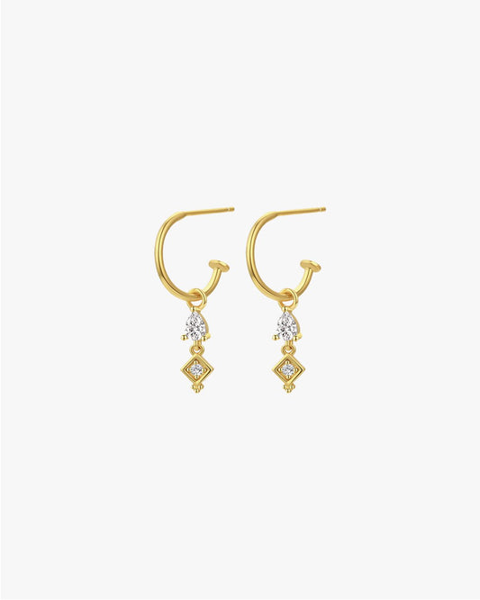 Gold Drop Earrings with Geometric Crystals – Elegant Dangle Hoop Design