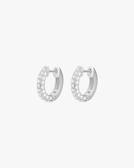 Double Row Hoop Earrings with Zirconia in Silver Tone