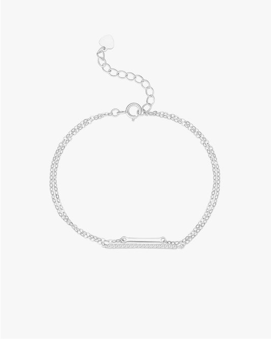 Silver Double Chain Bar Bracelet with Pavé Detail – Adjustable Fit