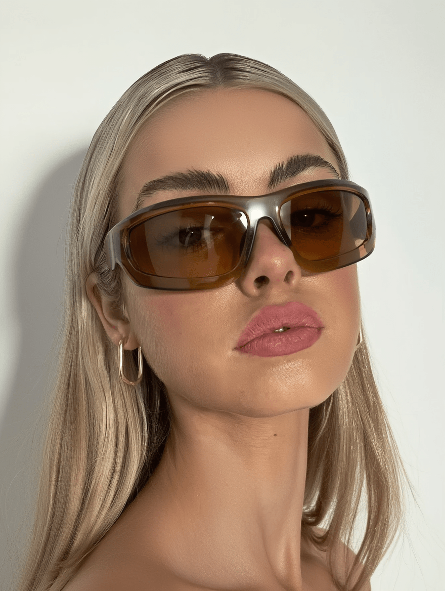 Woman wearing brown sunglasses against a plain background