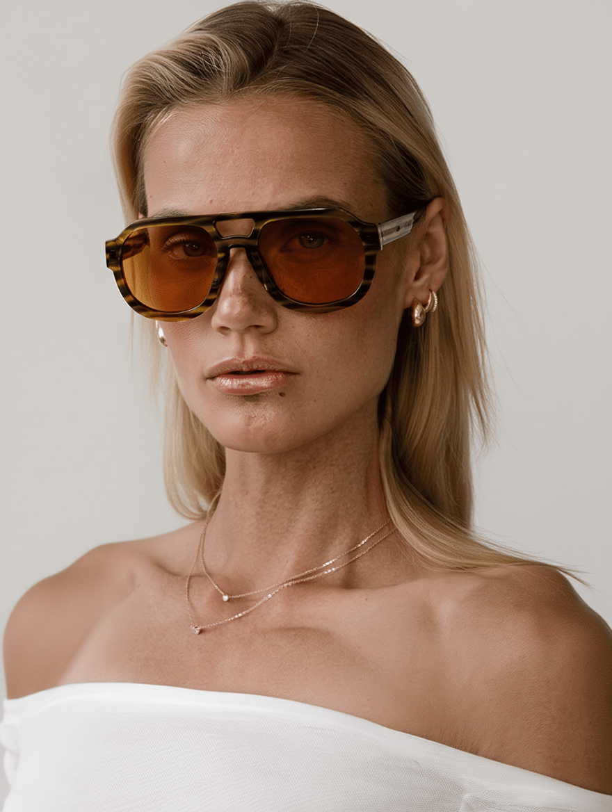 Women’s Rounded Aviator Sunglasses with Camo Stripe Frame & Toffee-Tinted Lenses
