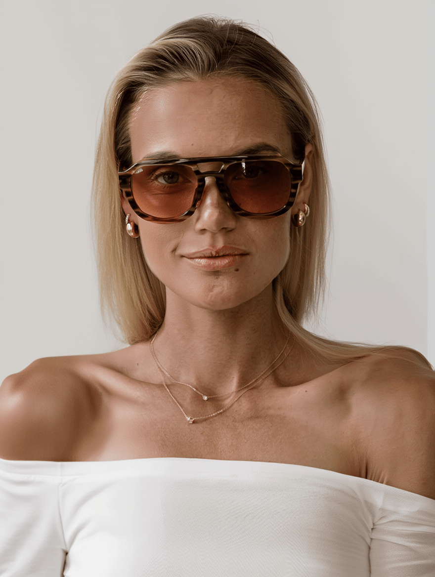 Women’s Rounded Aviator Sunglasses with Camo Stripe Frame & Toffee-Tinted Lenses