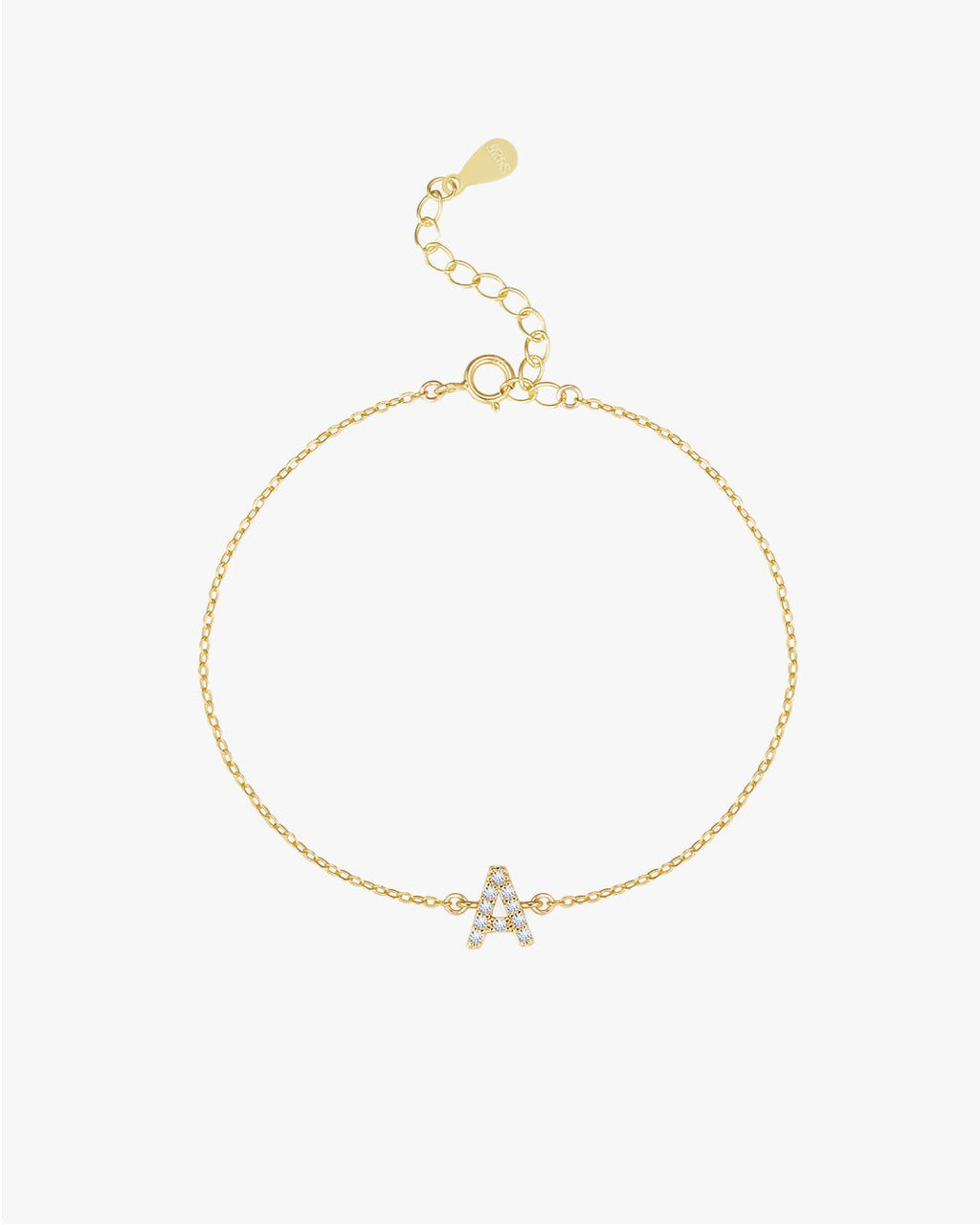 Gold chain bracelet with a diamond-studded letter "A" charm, featuring an adjustable clasp. Elegant jewelry accessory for personalized style.