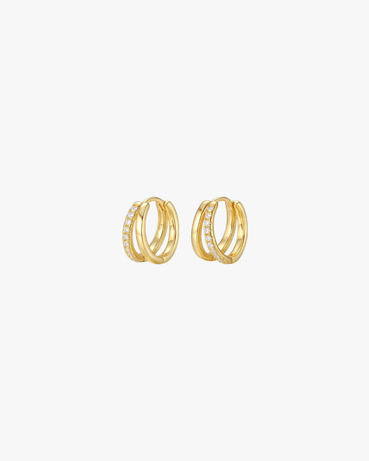 Gold-Plated Double Hoop Huggie Earrings with Zirconia