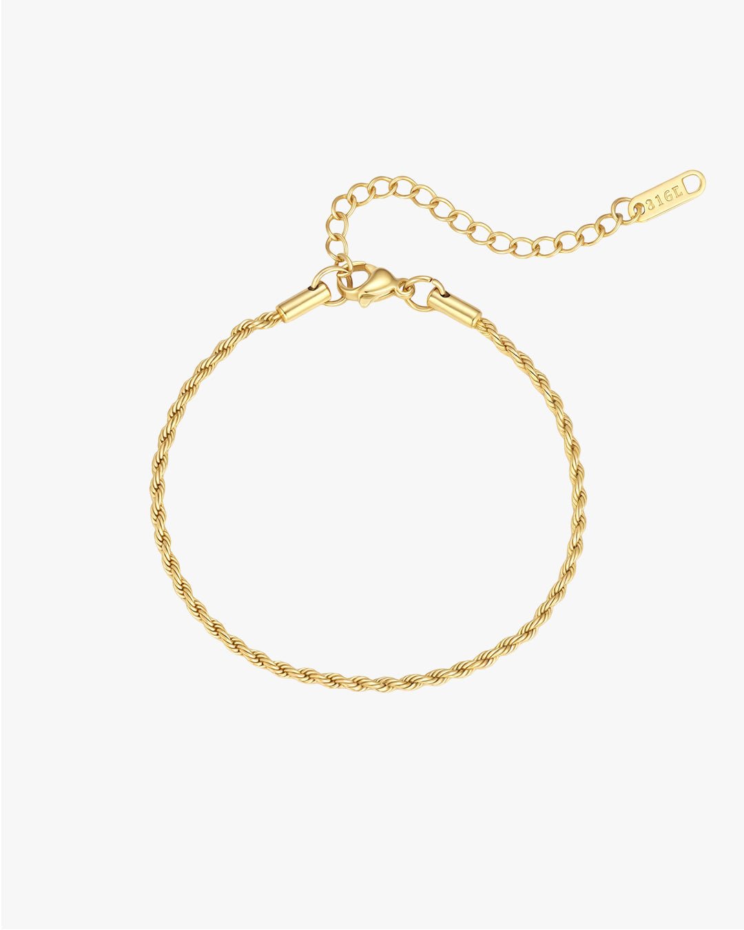 Gold rope chain bracelet with lobster clasp and adjustable extender, elegant jewelry accessory, perfect for fashion and style enthusiasts.