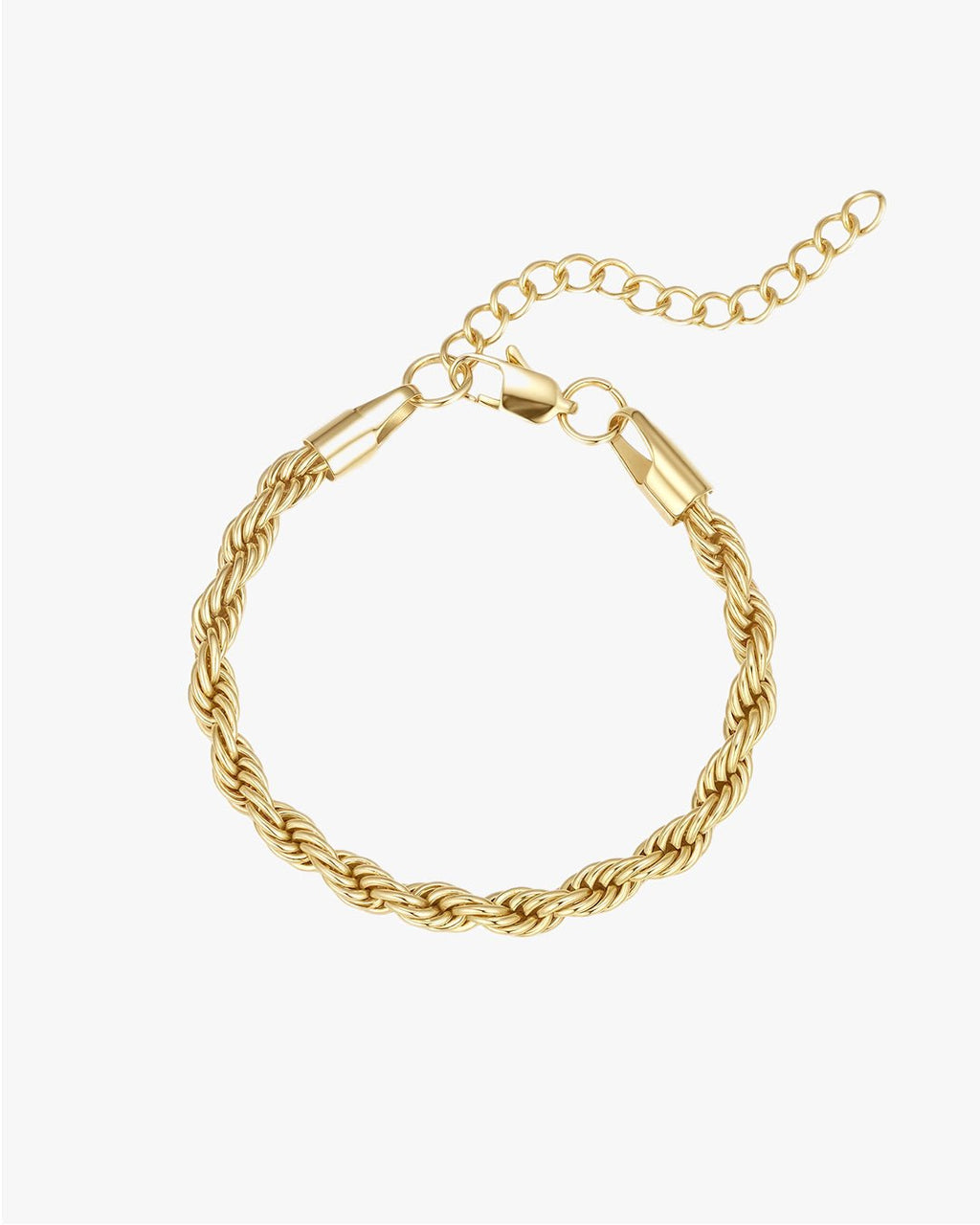 Gold rope chain bracelet with lobster clasp and adjustable extender, elegant jewelry accessory, perfect for fashion and style enthusiasts.