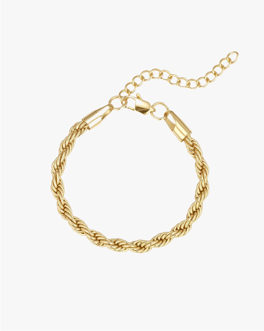 Gold rope chain bracelet with lobster clasp and adjustable extender, elegant jewelry accessory, perfect for fashion and style enthusiasts.