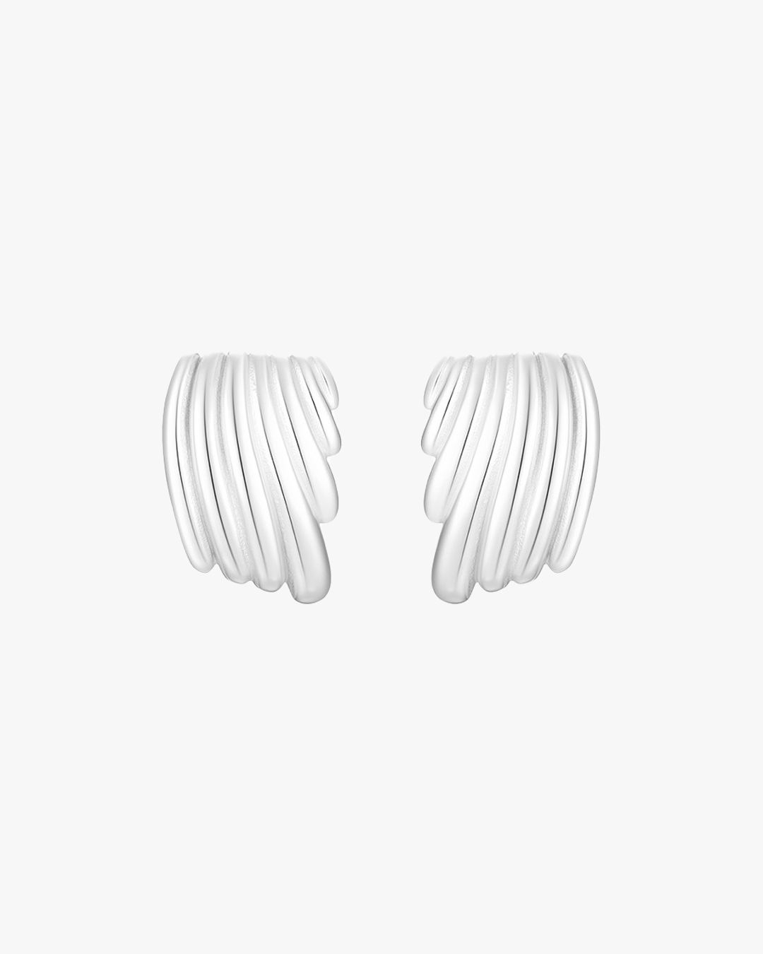 Silver twisted hoop earrings on white background, modern minimalist design, women's fashion jewelry, elegant accessory, gift for her.