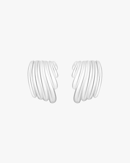 Silver Wing Ribbed Hoop Earrings – Bold Sculpted Statement Design