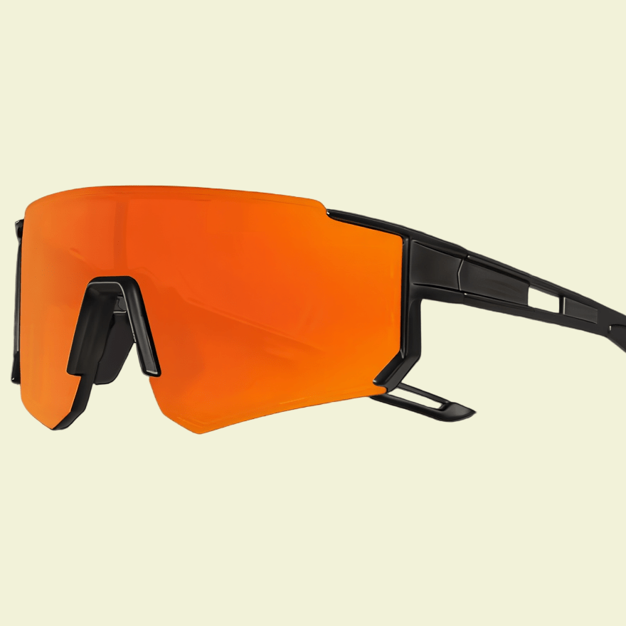 Sporty Sunglasses with Black Frame & Orange Mirrored Lens