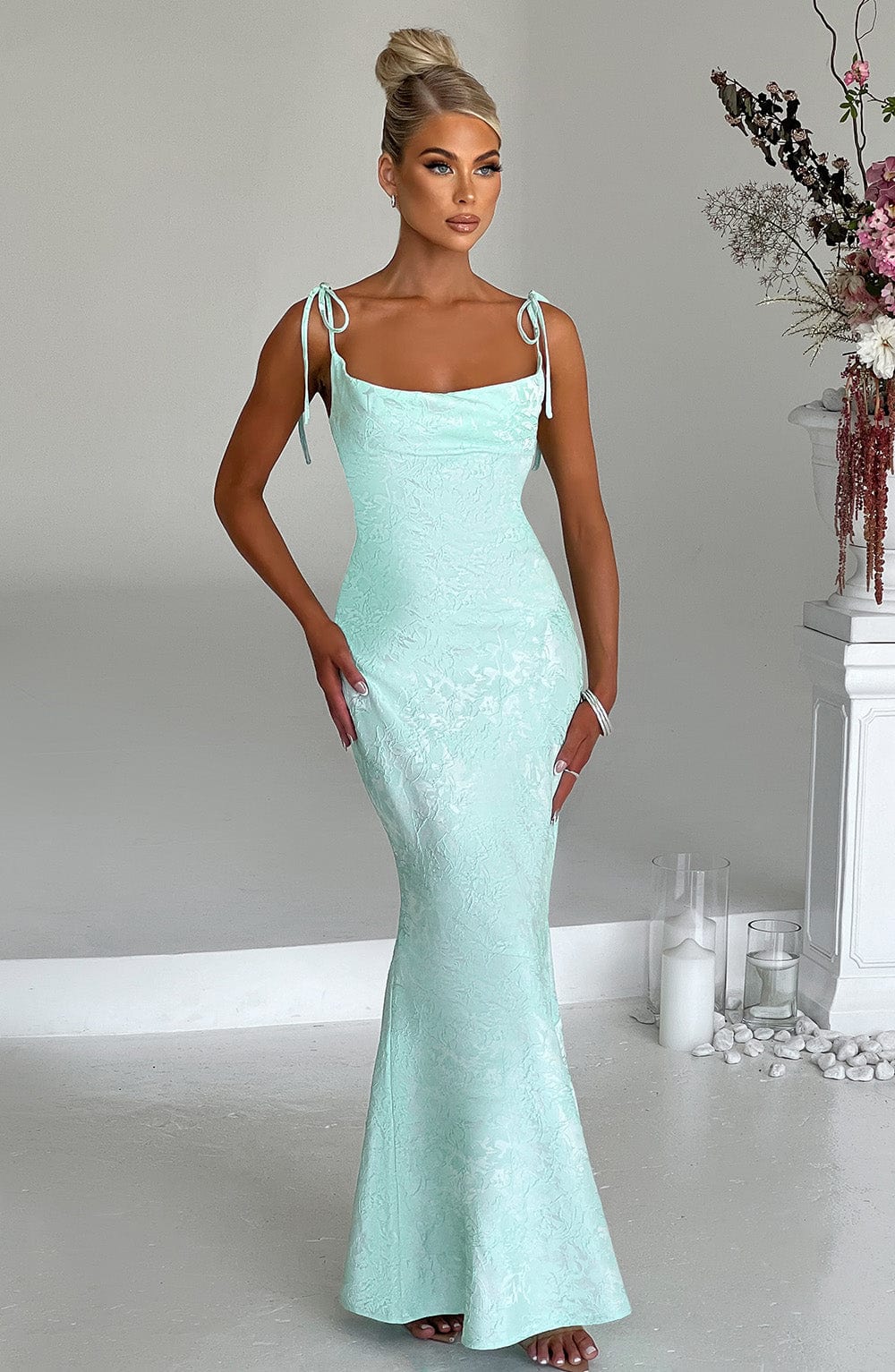 Women's Fitted Wedding Guest Maxi Dress with Tie Straps