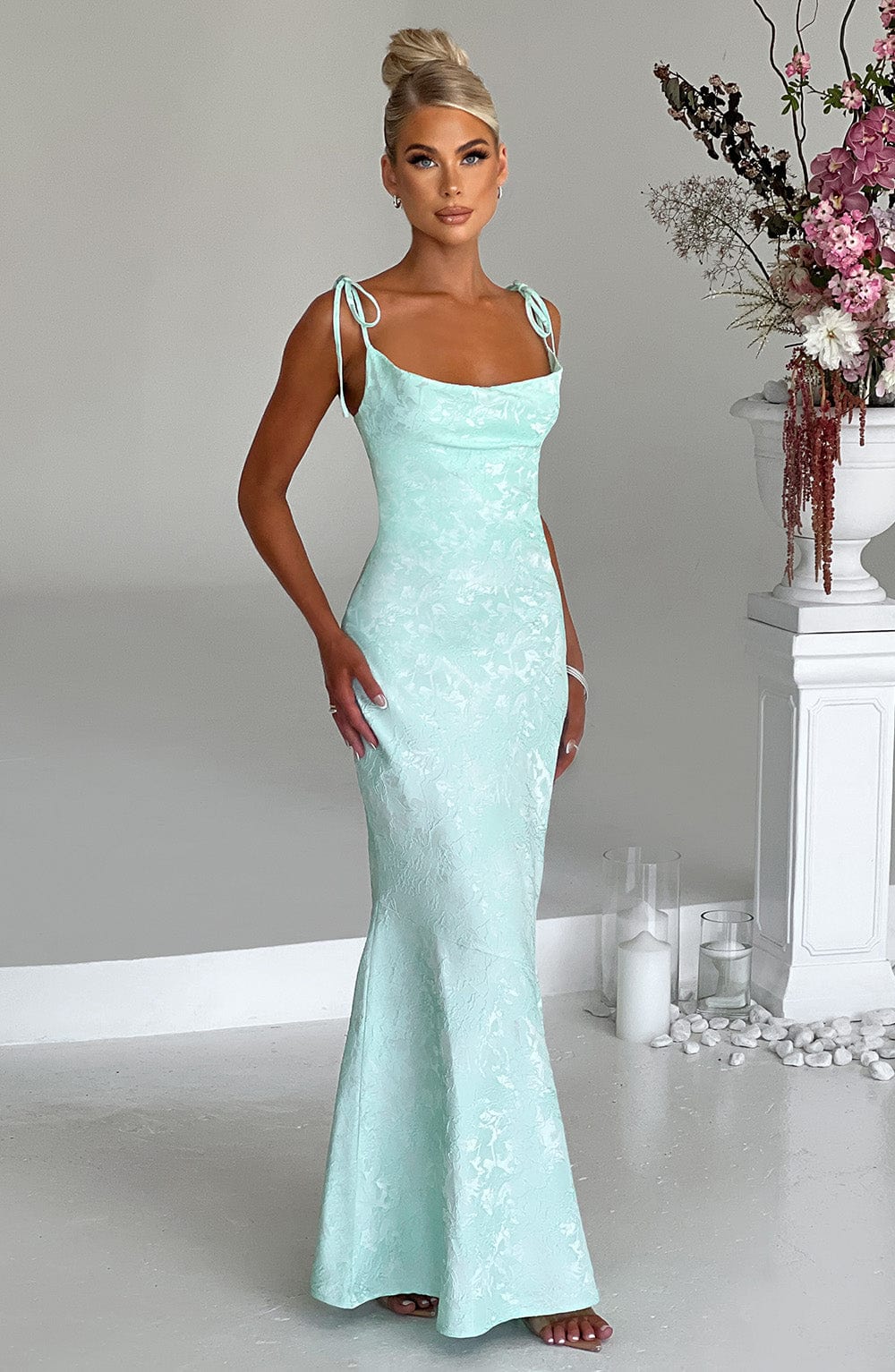 Women's Fitted Wedding Guest Maxi Dress with Tie Straps