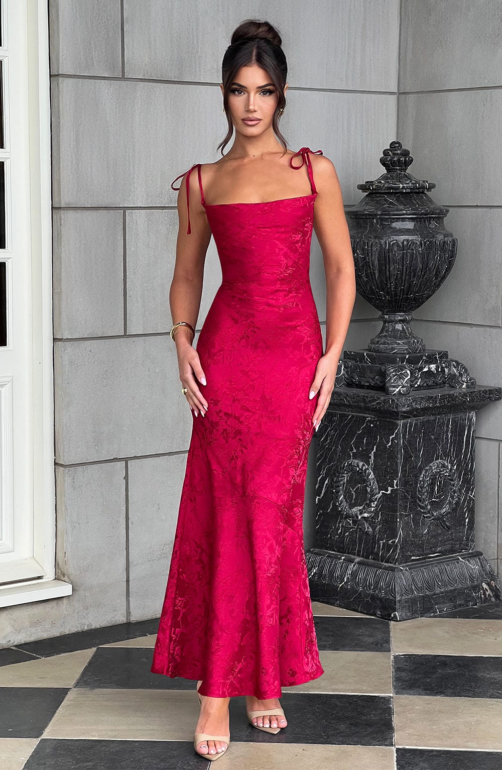 Women's Fitted Wedding Guest Maxi Dress with Tie Straps