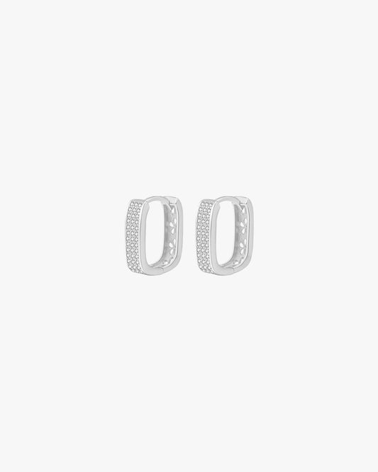 Silver Huggie Hoop Earrings – Rectangular Shape with Pavé Crystals
