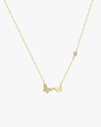 Gold-Toned Necklace with Butterfly Charms and Round Stone Accent